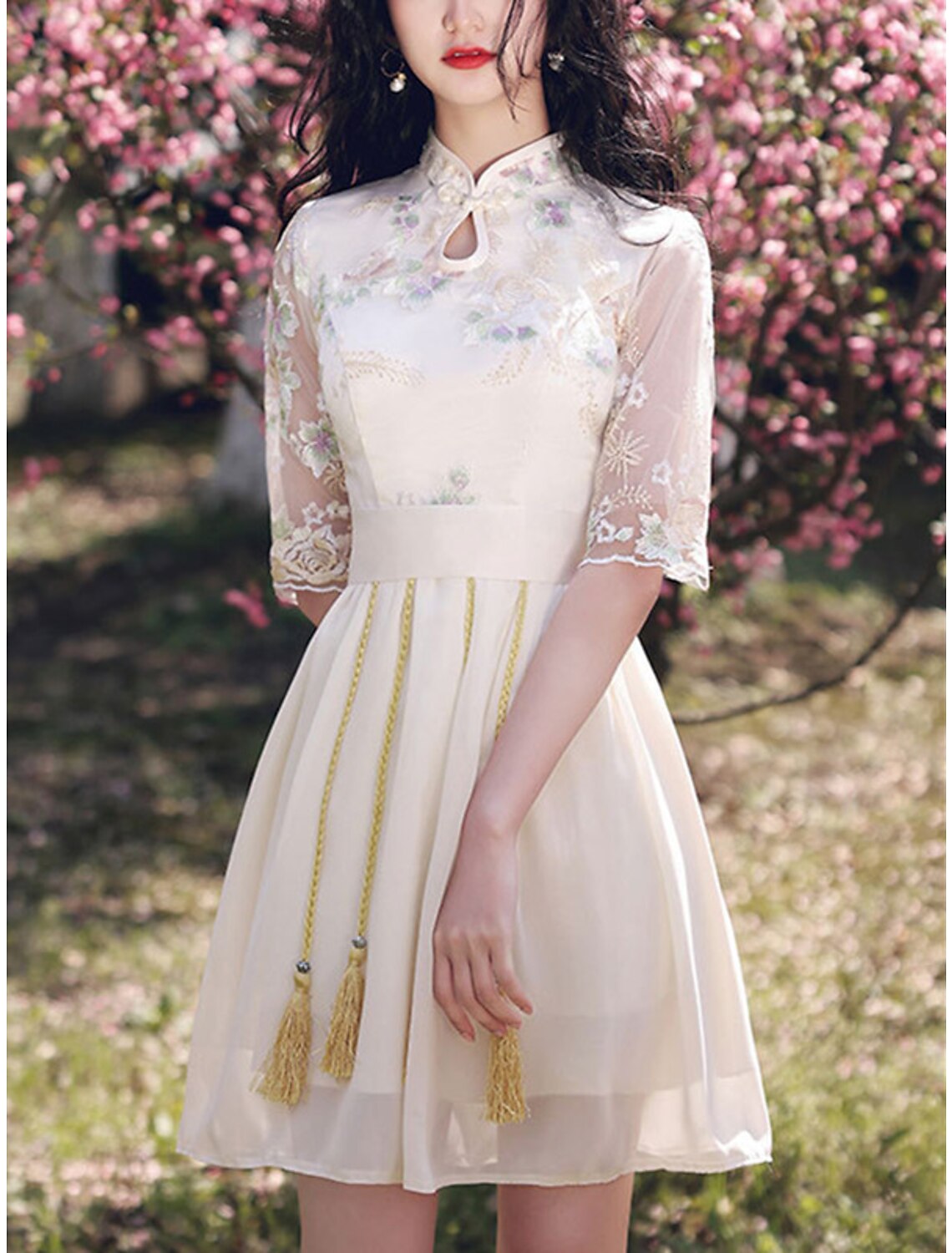 Wholesale A-Line Chinese Style Elegant Graduation Prom Dress Stand Collar Half Sleeve Short / Mini Chiffon with Tassel Embroidery